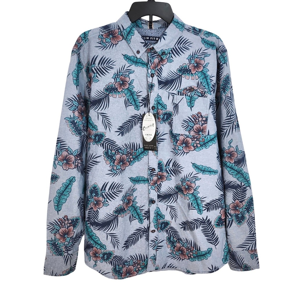 NEW Raw‎ Yarn Industries Button Down Shirt Large Slim Fit Chambray Floral Cotton